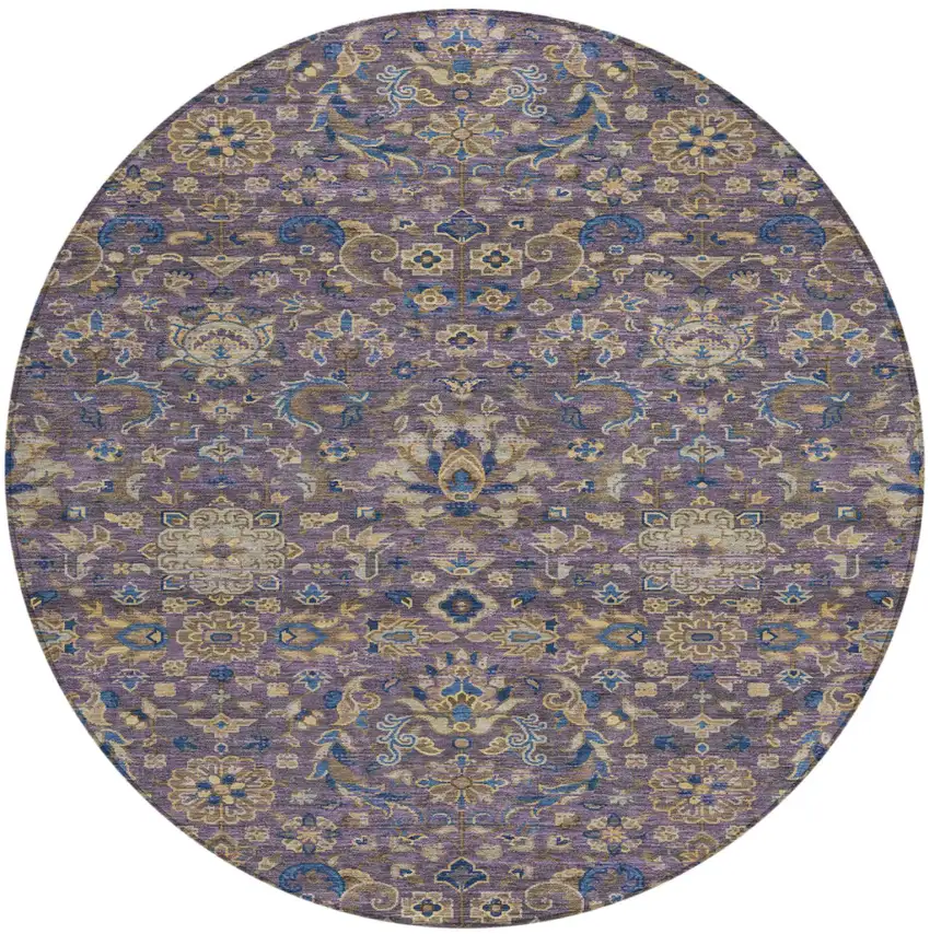 8' Purple And Plum Round Floral Medallion Washable Indoor Outdoor Area Rug Photo 2