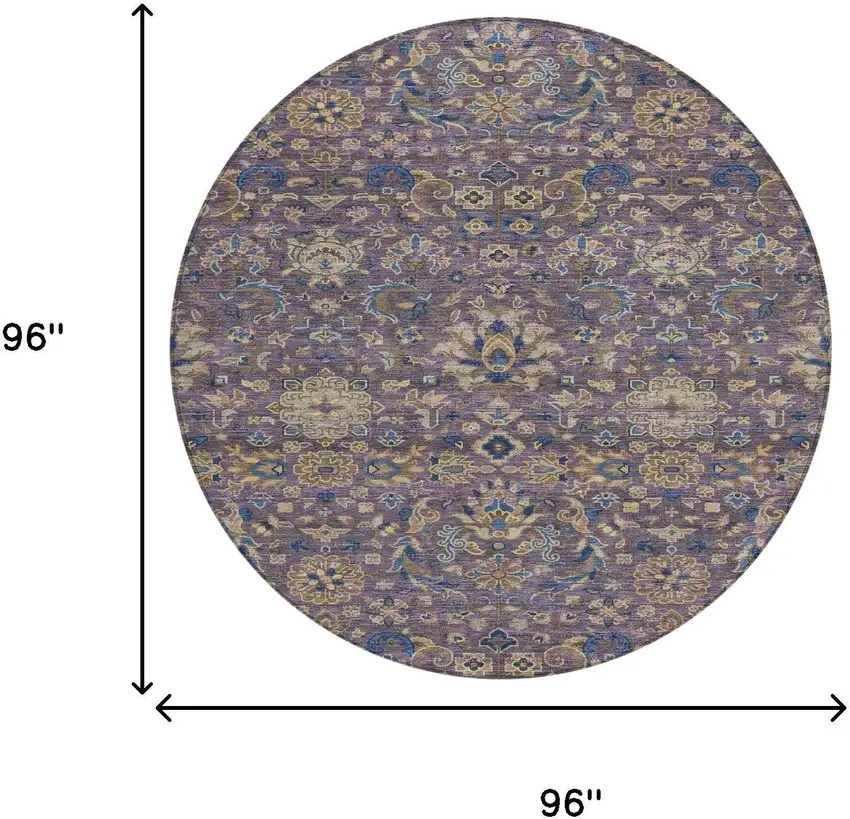 8' Purple And Plum Round Floral Medallion Washable Indoor Outdoor Area Rug Photo 7