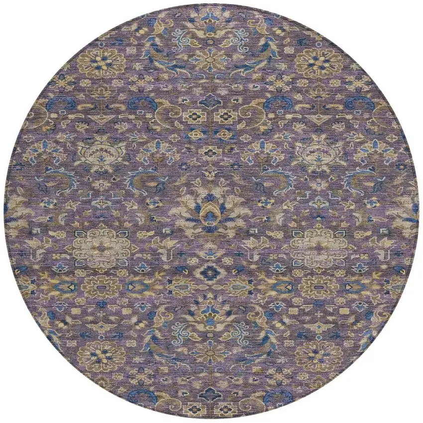 8' Purple And Plum Round Floral Medallion Washable Indoor Outdoor Area Rug Photo 3