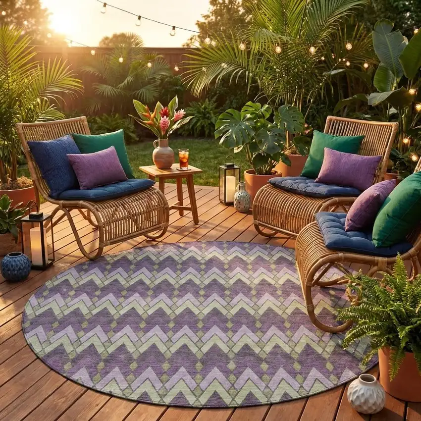 8' Purple And Plum Round Geometric Washable Indoor Outdoor Area Rug Photo 1