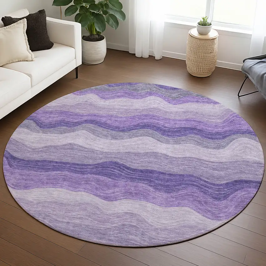 8' Purple And Plum Round Striped Washable Indoor Outdoor Area Rug Photo 4
