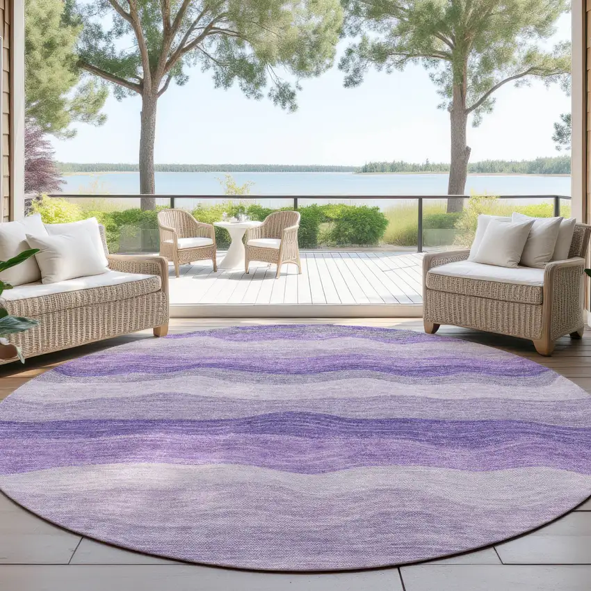 8' Purple And Plum Round Striped Washable Indoor Outdoor Area Rug Photo 3