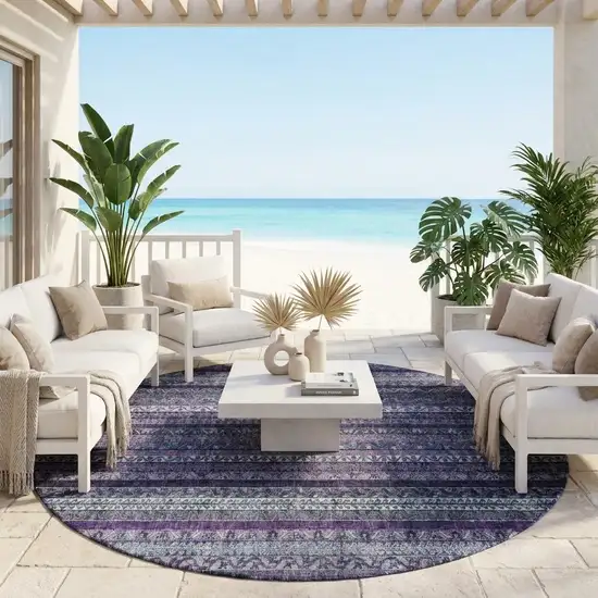 8' Purple And Plum Round Striped Washable Indoor Outdoor Area Rug Photo 1