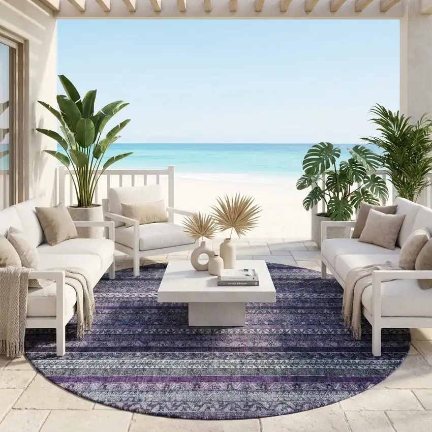 8' Purple And Plum Round Striped Washable Indoor Outdoor Area Rug Photo 1