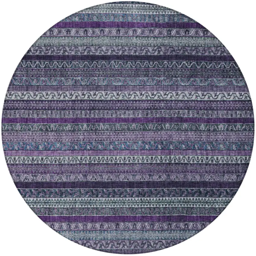8' Purple And Plum Round Striped Washable Indoor Outdoor Area Rug Photo 2