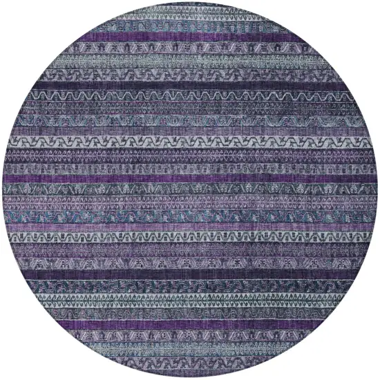 8' Purple And Plum Round Striped Washable Indoor Outdoor Area Rug Photo 2