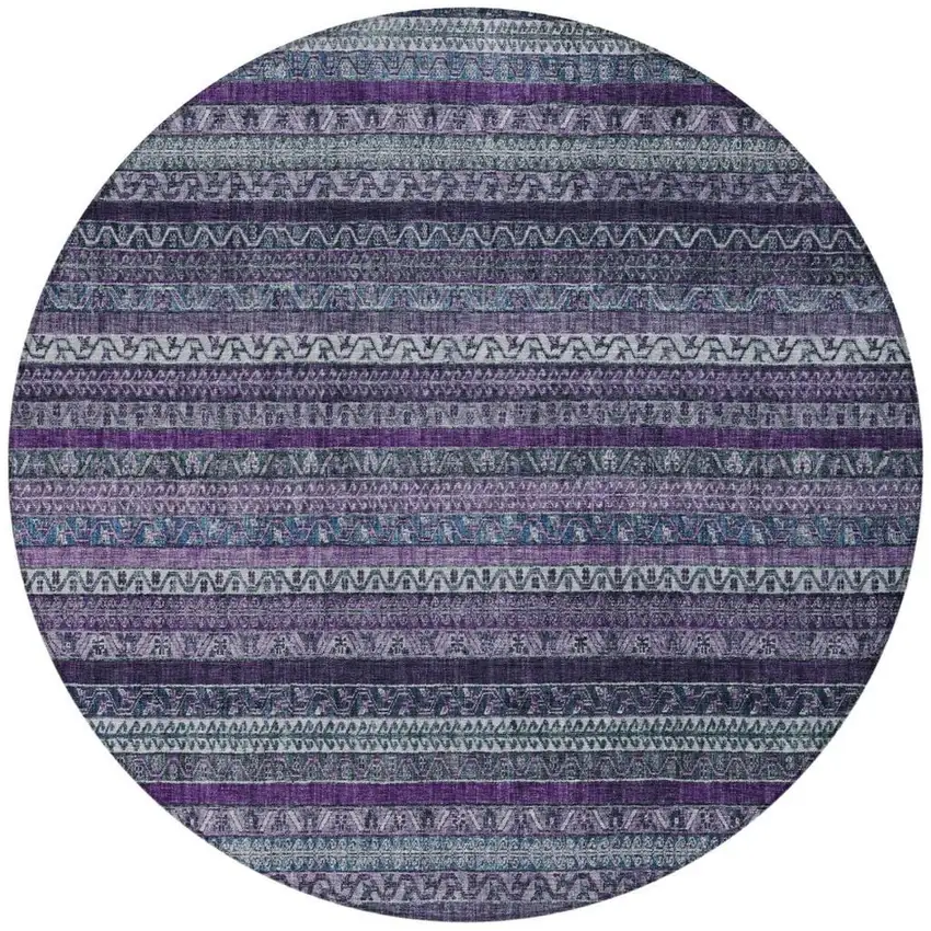 8' Purple And Plum Round Striped Washable Indoor Outdoor Area Rug Photo 4