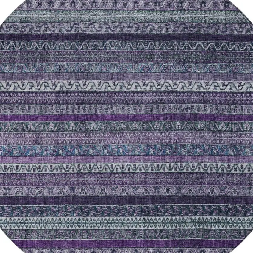 8' Purple And Plum Round Striped Washable Indoor Outdoor Area Rug Photo 3