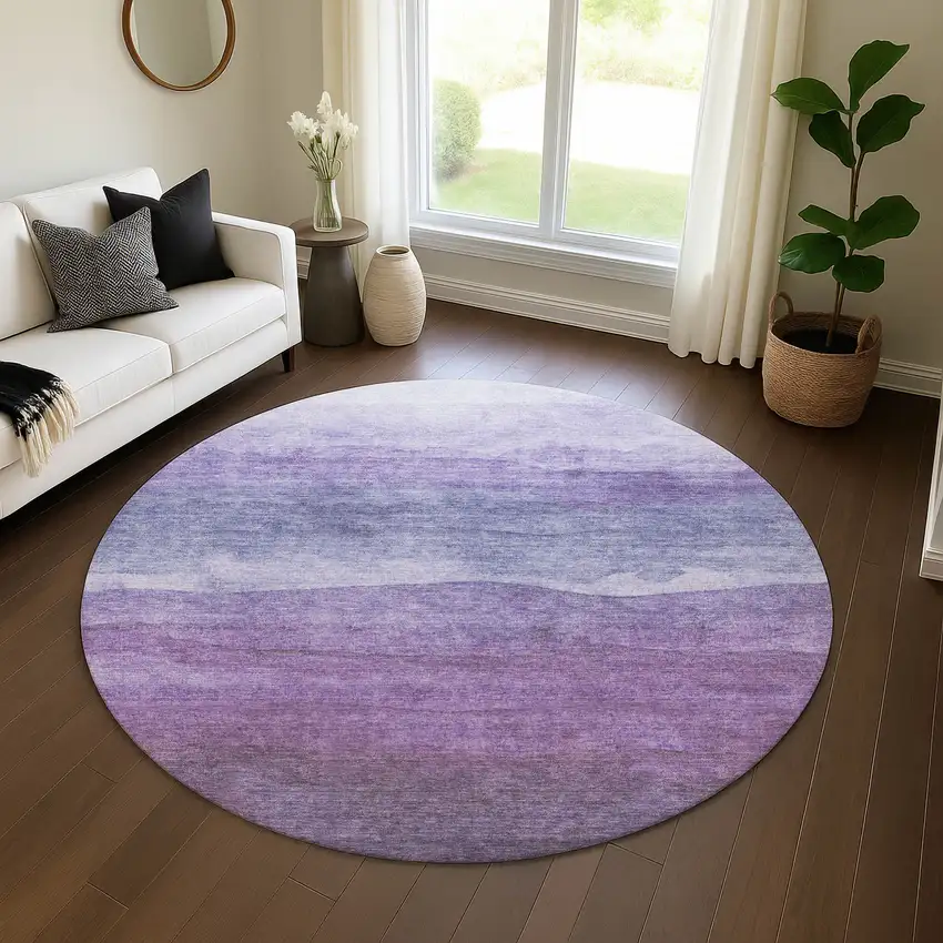 8' Purple And Plum Striped Washable Round Rug With UV Protection Photo 4