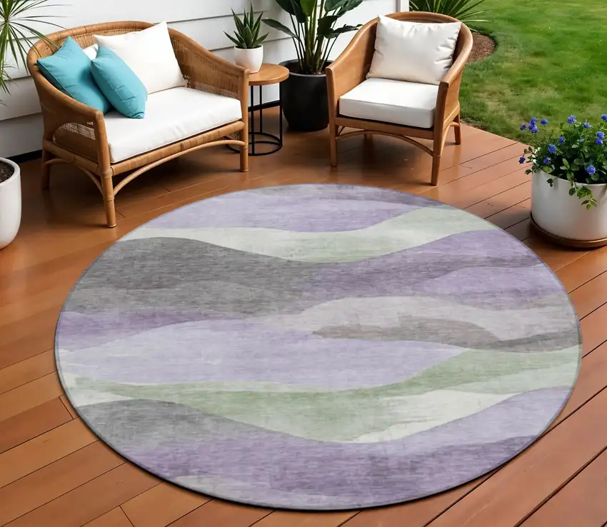 8' Purple And Sage Round Abstract Washable Indoor Outdoor Area Rug Photo 2