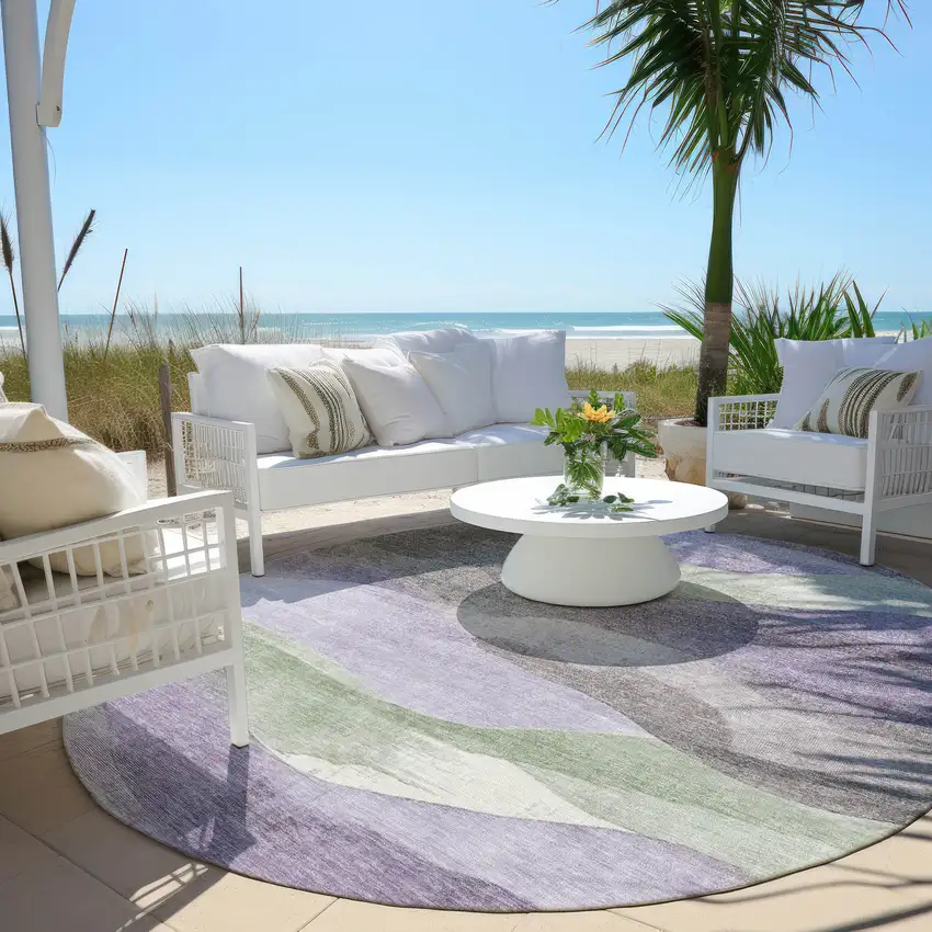 8' Purple And Sage Round Abstract Washable Indoor Outdoor Area Rug Photo 5