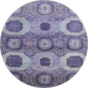 Photo of 8' Purple And Silver Abstract Geometric Washable Round Rug With UV Protection