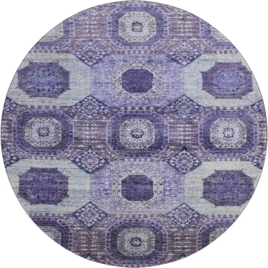 8' Purple And Silver Abstract Geometric Washable Round Rug With UV Protection Photo 1