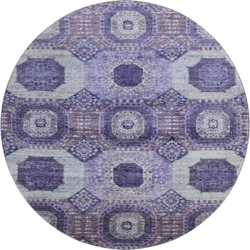 8' Purple And Silver Abstract Geometric Washable Round Rug With UV Protection Photo 1