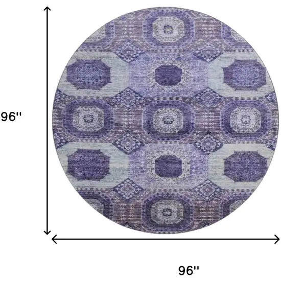 8' Purple And Silver Abstract Geometric Washable Round Rug With UV Protection Photo 9