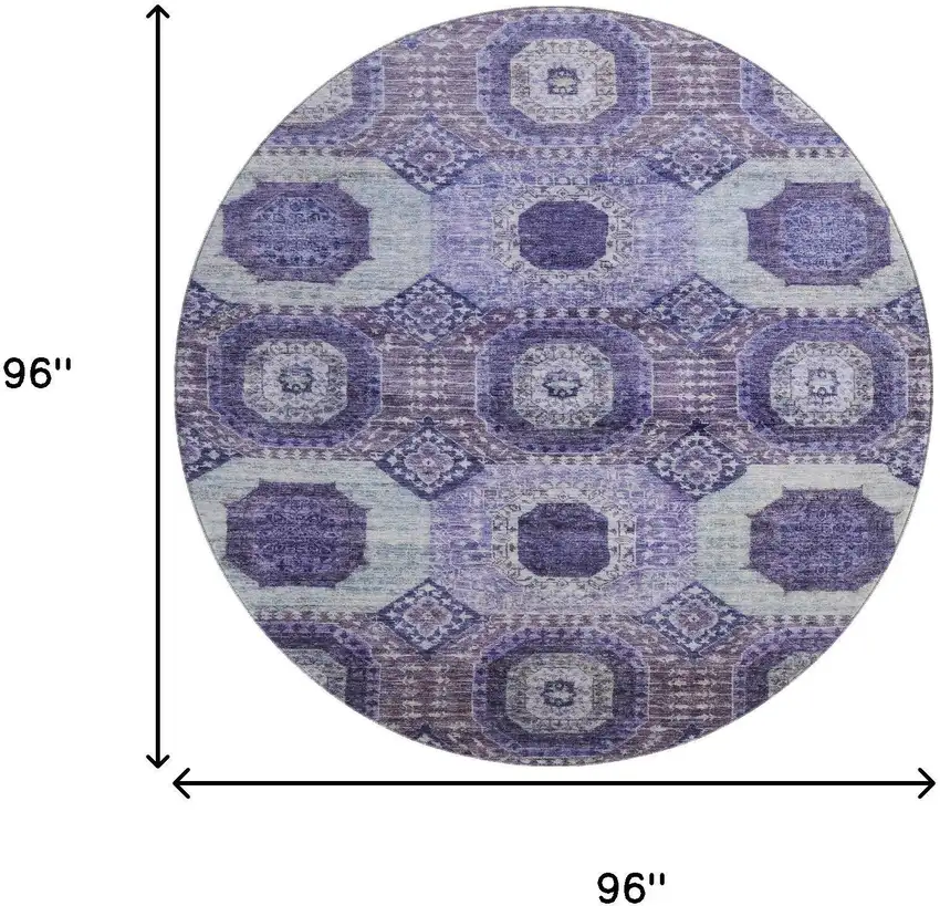 8' Purple And Silver Abstract Geometric Washable Round Rug With UV Protection Photo 9