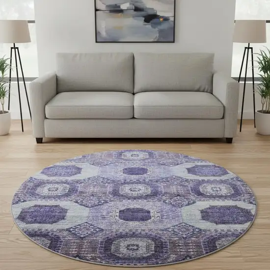 8' Purple And Silver Abstract Geometric Washable Round Rug With UV Protection Photo 2