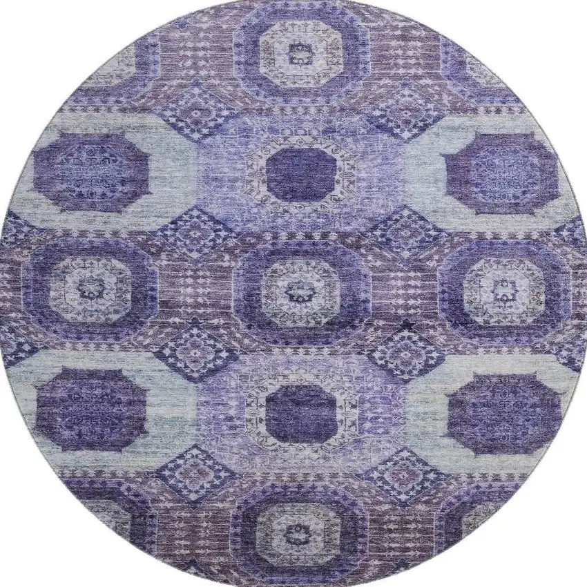 8' Purple And Silver Abstract Geometric Washable Round Rug With UV Protection Photo 4