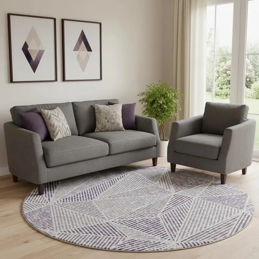 8' Purple And Silver Geometric Washable Round Rug With UV Protection Photo 1