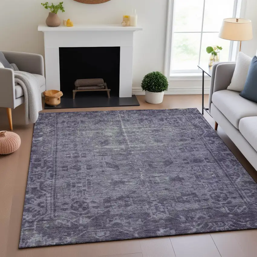 8' Purple And Silver Oriental Washable Area Rug With UV Protection Photo 4