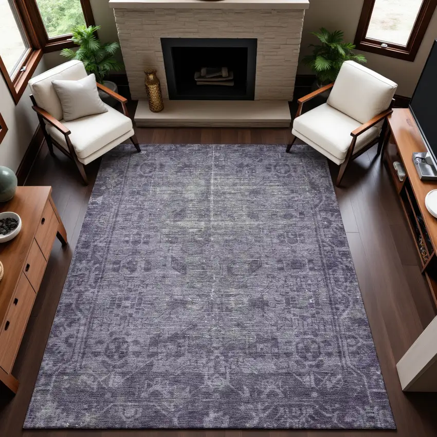 8' Purple And Silver Oriental Washable Area Rug With UV Protection Photo 5