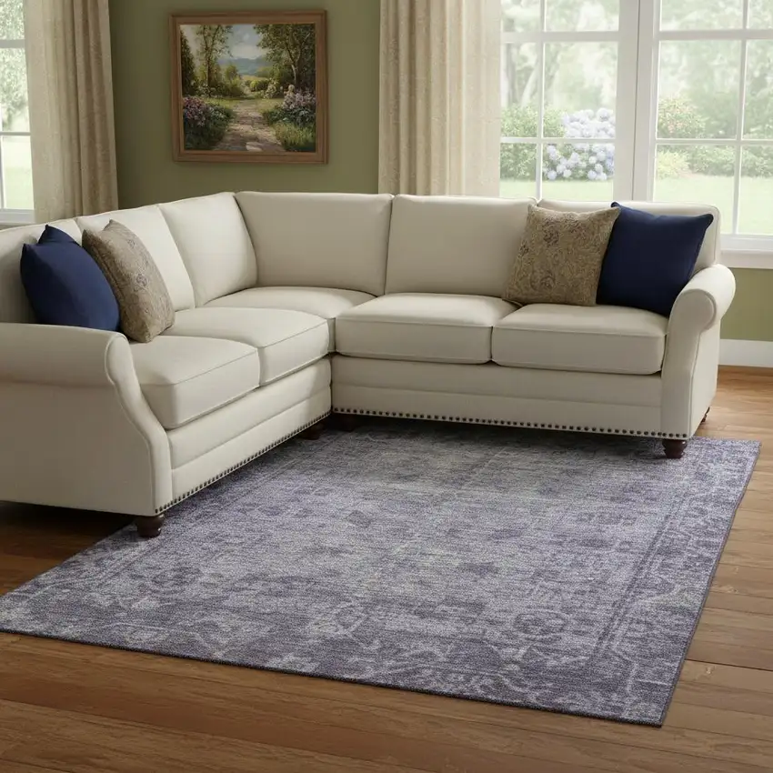 8' Purple And Silver Oriental Washable Area Rug With UV Protection Photo 2