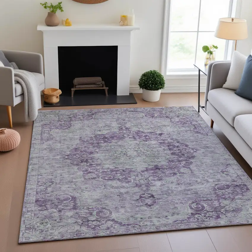 8' Purple And Silver Oriental Washable Area Rug With UV Protection Photo 4