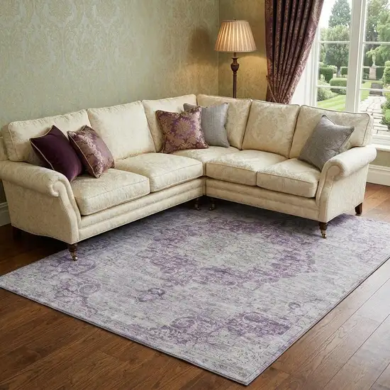 8' Purple And Silver Oriental Washable Area Rug With UV Protection Photo 1