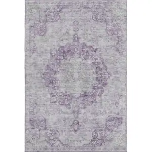 Photo of 8' Purple And Silver Oriental Washable Area Rug With UV Protection
