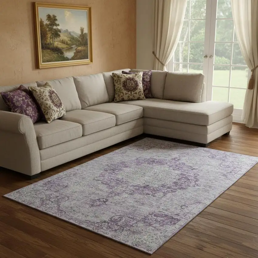 8' Purple And Silver Oriental Washable Area Rug With UV Protection Photo 2