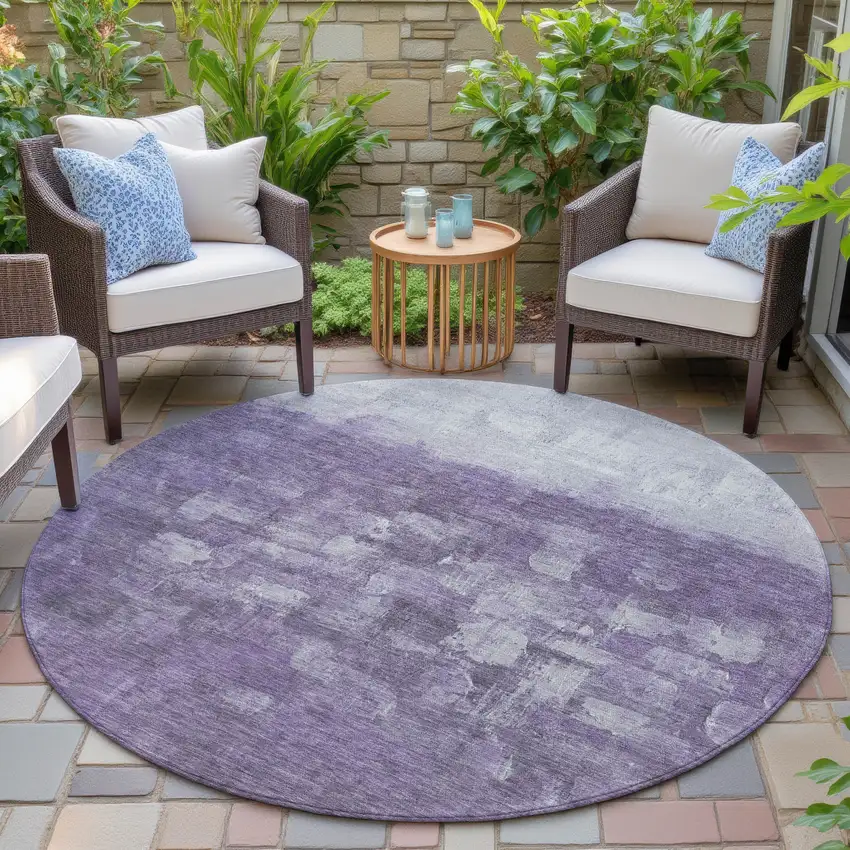8' Purple And Silver Round Abstract Washable Indoor Outdoor Area Rug Photo 6