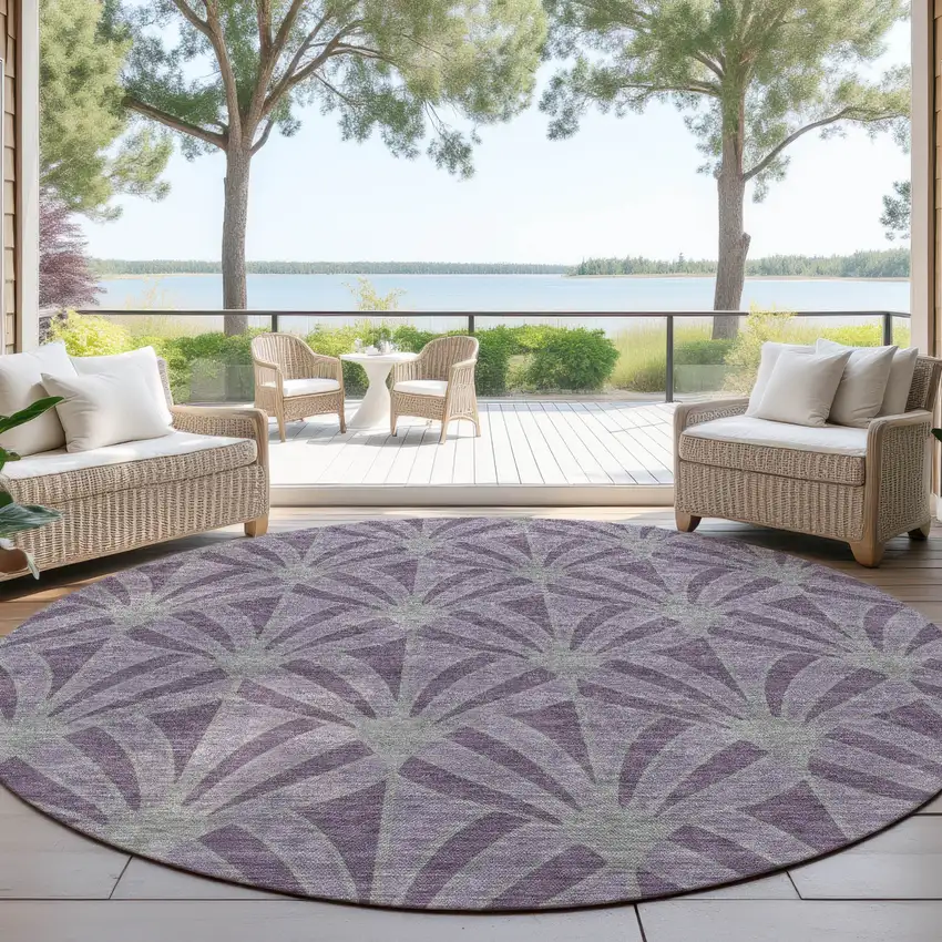 8' Purple And Silver Round Seashell Washable Indoor Outdoor Area Rug Photo 4