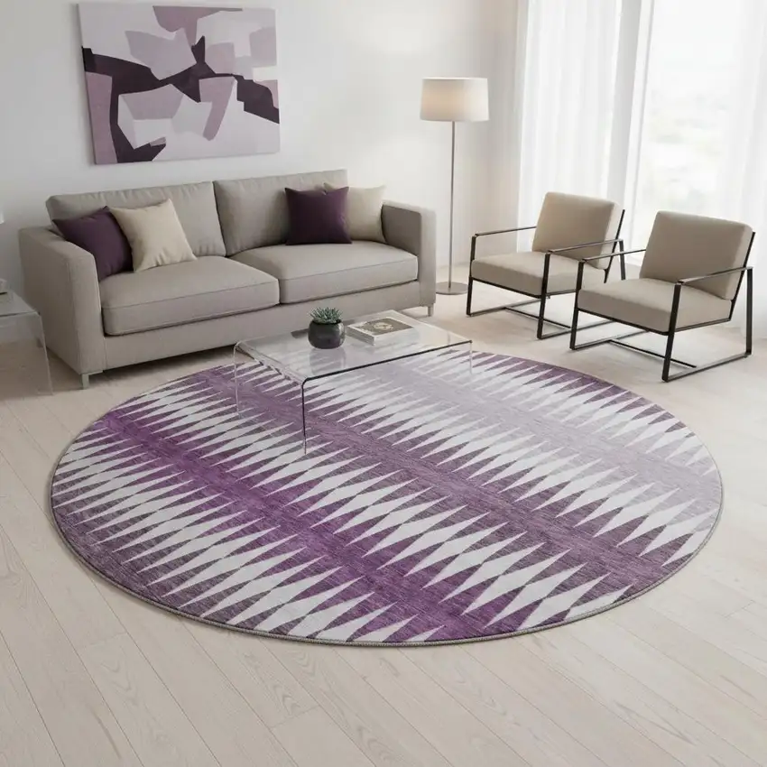 8' Purple And Silver Striped Washable Round Rug With UV Protection Photo 2