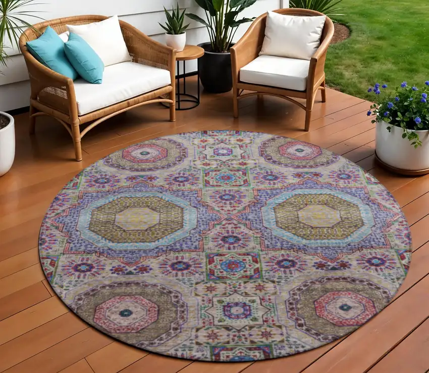 8' Purple And Teal Blue Round Medallion Washable Indoor Outdoor Area Rug Photo 2