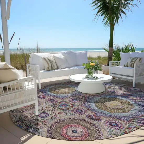 8' Purple And Teal Blue Round Medallion Washable Indoor Outdoor Area Rug Photo 5