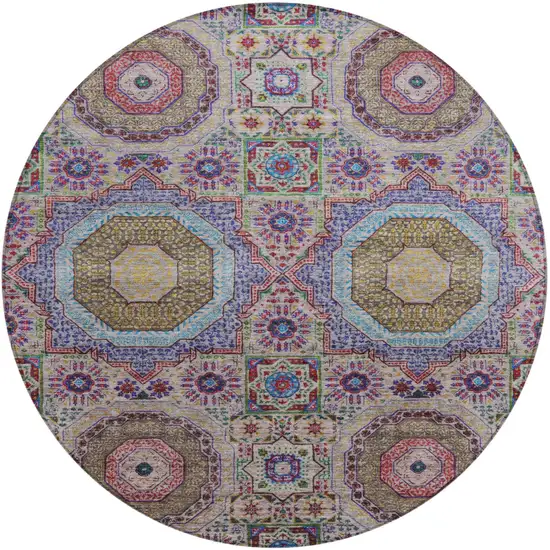 8' Purple And Teal Blue Round Medallion Washable Indoor Outdoor Area Rug Photo 1