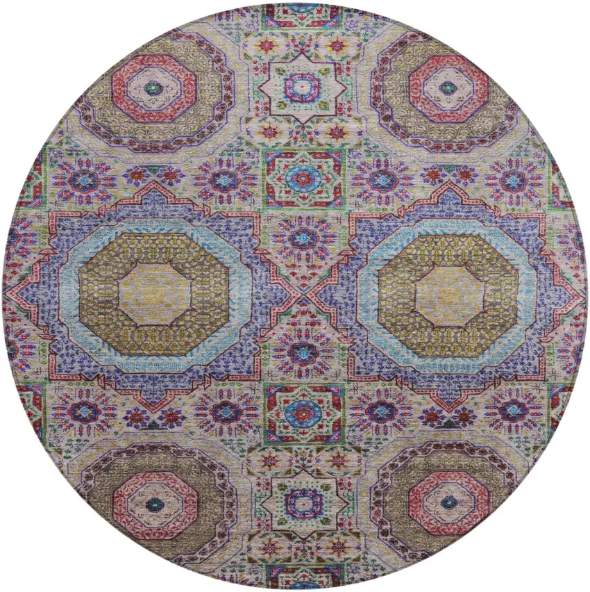 8' Purple And Teal Blue Round Medallion Washable Indoor Outdoor Area Rug Photo 1