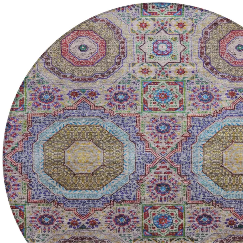 8' Purple And Teal Blue Round Medallion Washable Indoor Outdoor Area Rug Photo 8