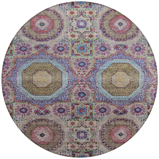 8' Purple And Teal Blue Round Medallion Washable Indoor Outdoor Area Rug Photo 3