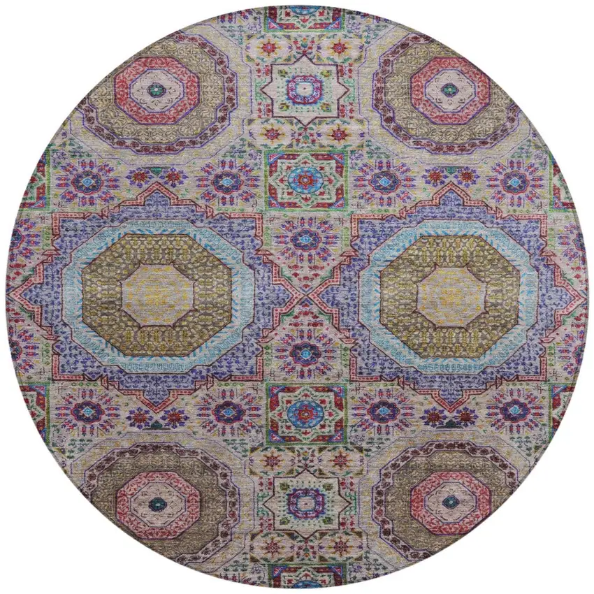 8' Purple And Teal Blue Round Medallion Washable Indoor Outdoor Area Rug Photo 3