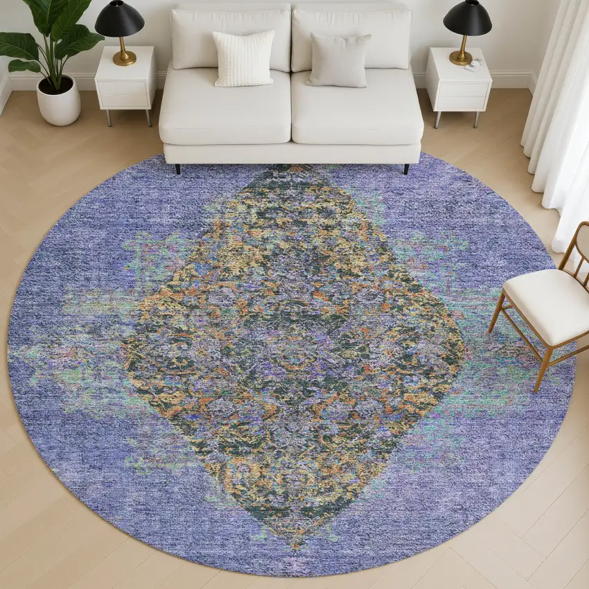 8' Purple And Teal Medallion Washable Round Rug With UV Protection Photo 5