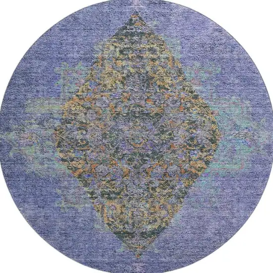 8' Purple And Teal Medallion Washable Round Rug With UV Protection Photo 4