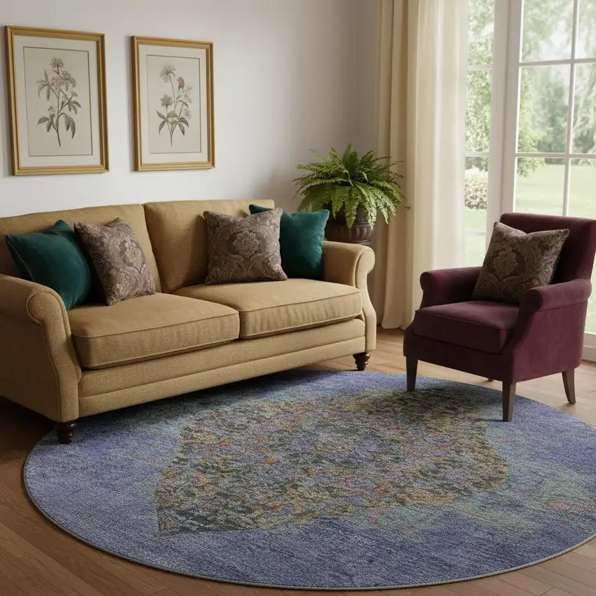 8' Purple And Teal Medallion Washable Round Rug With UV Protection Photo 2