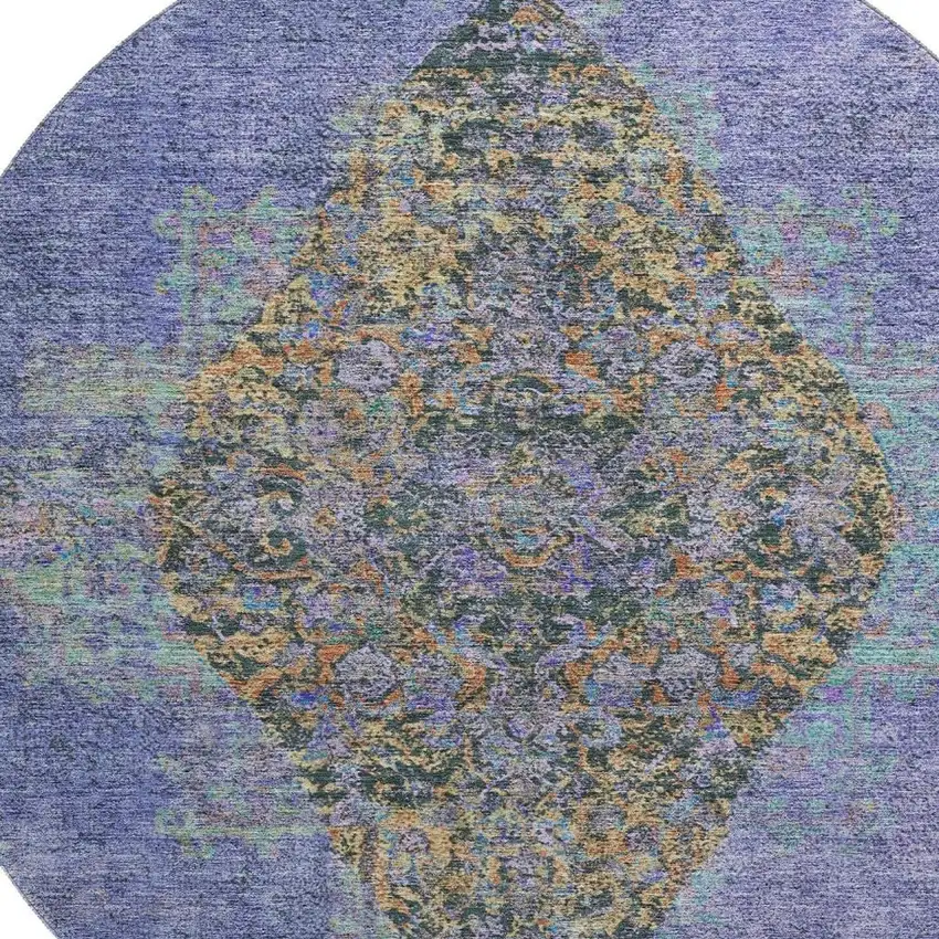 8' Purple And Teal Medallion Washable Round Rug With UV Protection Photo 3