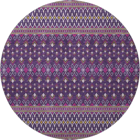 8' Purple And Yellow Tribal Washable Round Rug With UV Protection Photo 3