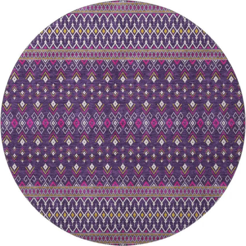 8' Purple And Yellow Tribal Washable Round Rug With UV Protection Photo 3