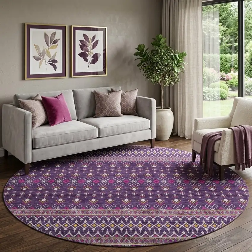 8' Purple And Yellow Tribal Washable Round Rug With UV Protection Photo 1