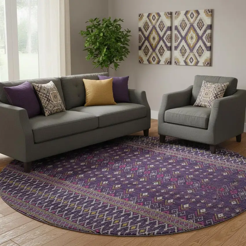 8' Purple And Yellow Tribal Washable Round Rug With UV Protection Photo 1