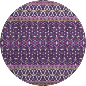 Photo of 8' Purple And Yellow Tribal Washable Round Rug With UV Protection