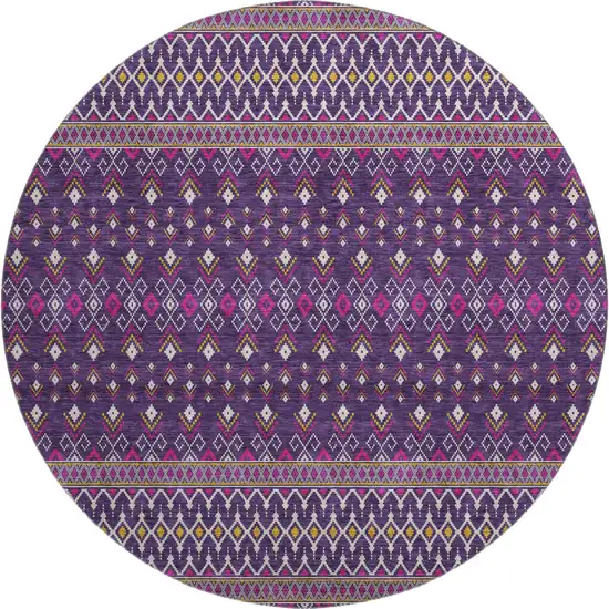 8' Purple And Yellow Tribal Washable Round Rug With UV Protection Photo 1